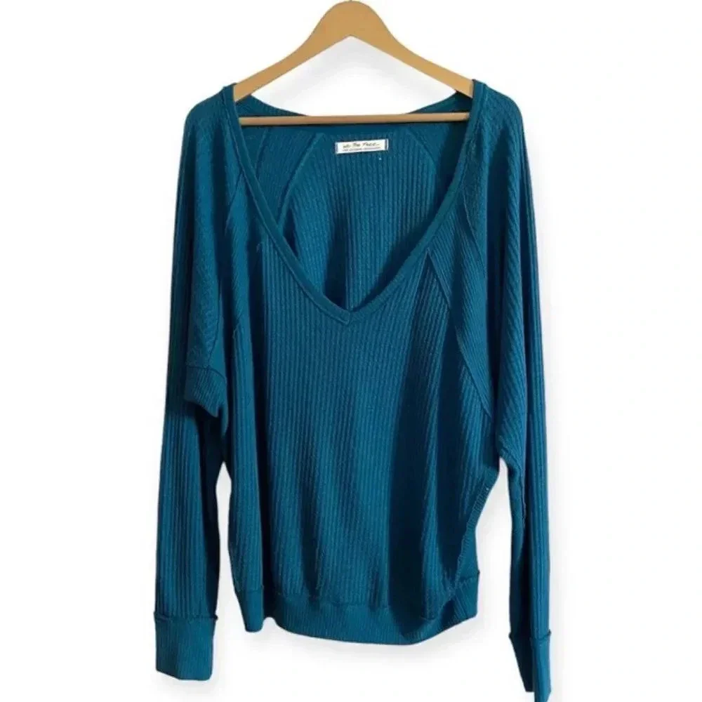 Free People Teal V Neck Thermal Top